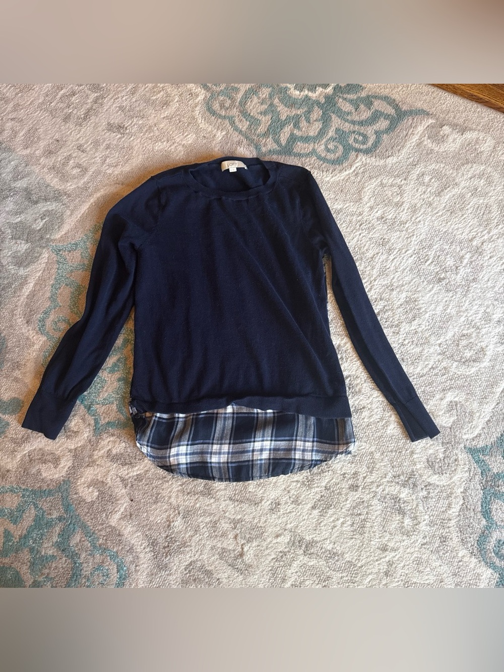 LOFT Navy Sweater with Plaid Hem Layer
